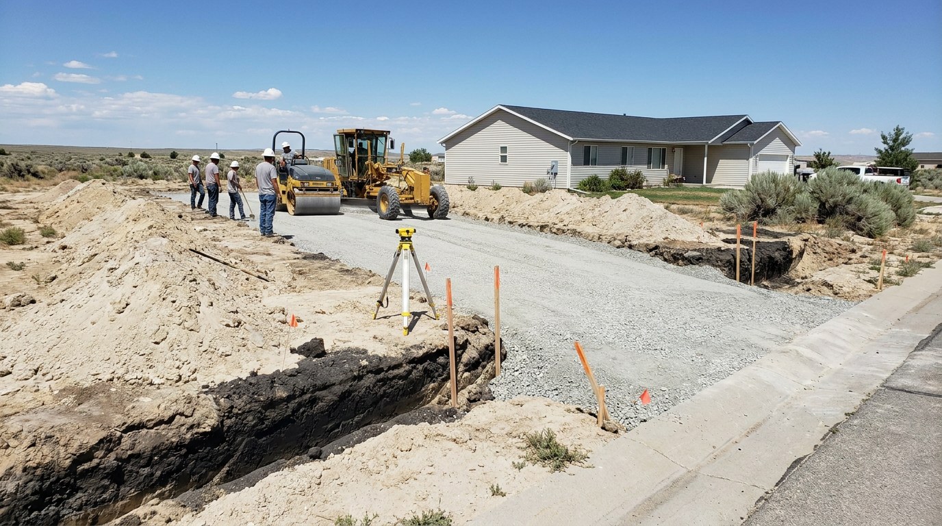 Concrete driveway base preparation drainage grading in Rock Springs Wyoming Sweetwater County high altitude snowmelt planning