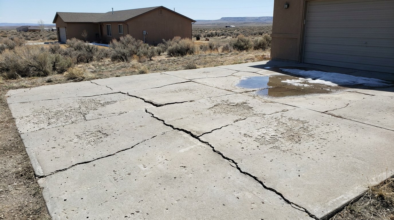Freeze-thaw damaged concrete driveway in Rock Springs Wyoming Sweetwater County 6200 foot elevation cracking heaving snowmelt drainage