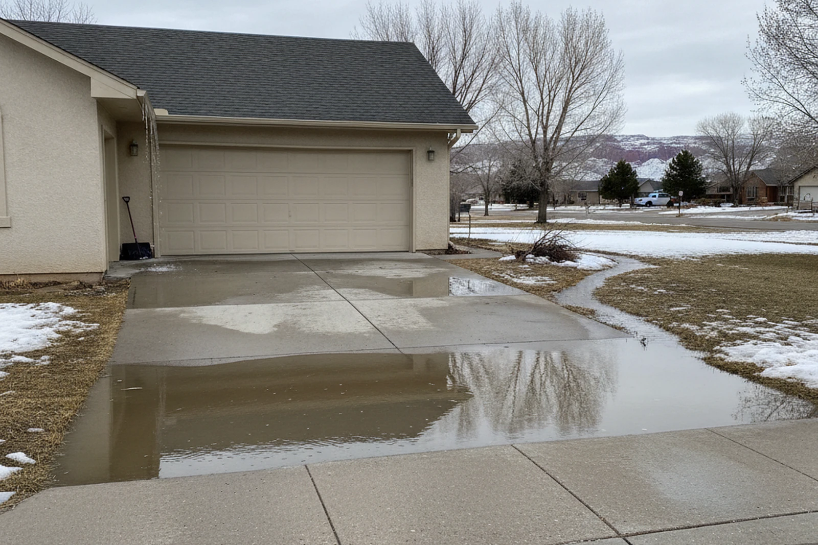 Spring snowmelt driveway flooding Rock Springs Wyoming Sweetwater County poor drainage pooling garage apron April conditions