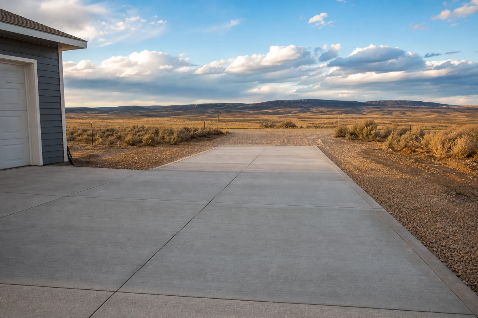 New broom finish concrete driveway at a Sweetwater County Wyoming high desert home near Reliance
